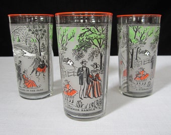 3-Pc 12 Oz Currier & Ives Beverage Glass by Libbey • Vintage 1965 Picture Tumbler Skating in the Park and Summer Ramble • Crafted in USA