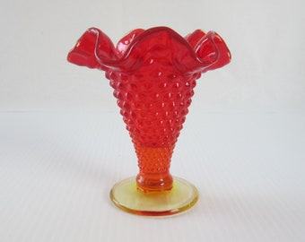 4" Hobnail Vase No. 3952 Amberina by Fenton Glass • Vintage MidCentury Double Crimped Floral Posy Holder • Ruby Orange with Amber Foot • USA