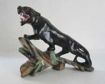 8"W Carved Wooden Panther Statue on Slanted Stand • Vintage Painted Black Roaring Wild Cat has Inset Teeth and Realistic Eyes • Bookend Asia