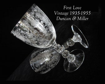 2-7 Pc Duncan & Miller 6 3/4" Water Goblet FIRST LOVE 10 Oz • 1935 Vintage Elegant Lacy Floral Etch Blown Glass #5111 1/2 • Made in Penn USA