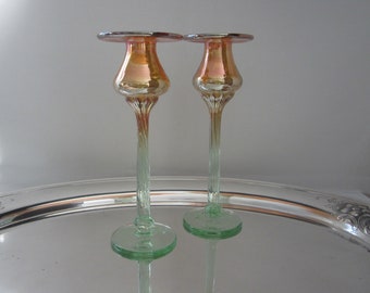 2-Pc 8.75" Candlestick Rick Strini Signed Art Glass • Vintage Iridescent 2-tone Marigold Candle Holder Green Ribbed Stem • Crafted in HI USA