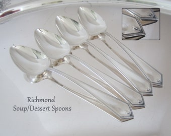 4-Pc Alvin Sterling Richmond Oval Soup/Dessert Spoon 7.25" • Vintage 1929 Elegant Modern Silver 925 Floral Tip Silverware • Made in RI, USA