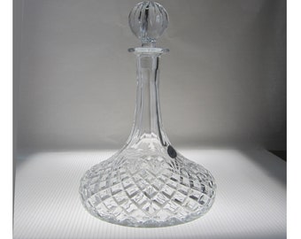 11" Crystal Ship's Decanter with Stopper, Oxford by Badash, Poland • Vintage-New 1980s Clear Criss-Cross & Fan Cuts and Paneled Neck • Label