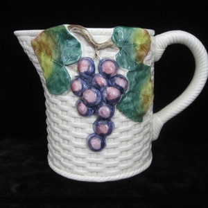 48 Oz Pitcher Sonoma Vineyard by Fitz & Floyd • Vintage 1987 Large Drink Beverage Server • Basketweave Handpainted Purple Grapes and Leaves
