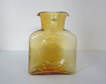 Blenko Water Bottle #384 Topaz Double Spouted with Label • Vintage Handmade Textured Amber Glass Jug • Acid Signed 2004 • Crafted in WV USA