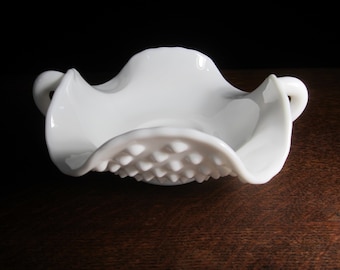 6 1/2" Fenton Hobnail Milk Glass Bonbon Candy Dish • 1950 Vintage 2-Handled Square Nappy with Crimped Rim • White Monochrome Color • WV USA