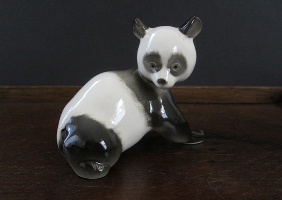 Vintage Lomonosov Porcelain Panda Figurine, Hand-painted Russian