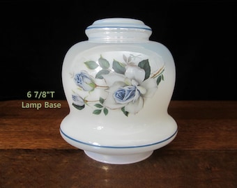 7" Blue Iridescent Glass Lamp Base with Roses & Leaves Floral Motif • Vintage Luster Ombre Tint, Horizontal Stripes • 6.25" Wide • Salvage