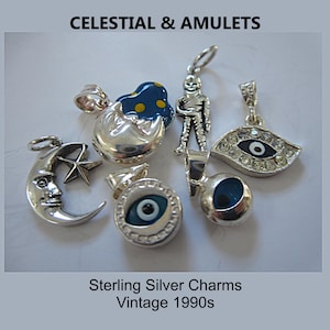 Vintage Sterling Silver Celestial Amulet Charms: Sun, Moon, Nazar Blue Eye, Alien