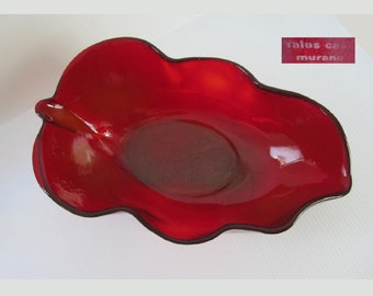 13.75x8 Yalos Casa Murano Ruby Red Leaf-Shaped Bowl with Gold Flecks • Vintage Italian Art Glass Signed Serving Dish • Hand Crafted in Italy