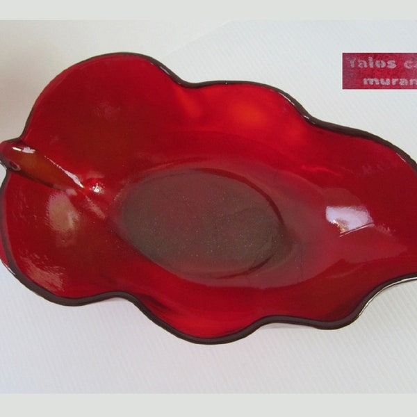 13.75x8 Yalos Casa Murano Ruby Red Leaf-Shaped Bowl with Gold Flecks • Vintage Italian Art Glass Signed Serving Dish • Hand Crafted in Italy