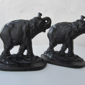 Pair Cast Iron Bookends Connecticut Foundry Elephants with Trunk Up Vintage 1930 Signed Design No. 915 Classic Black Crafted in USA image 1