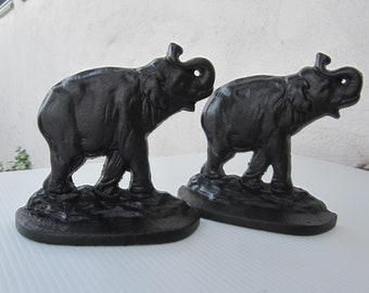 Pair Cast Iron Bookends Connecticut Foundry Elephants with Trunk Up • Vintage 1930 Signed Design No. 915 Classic Black • Crafted in USA