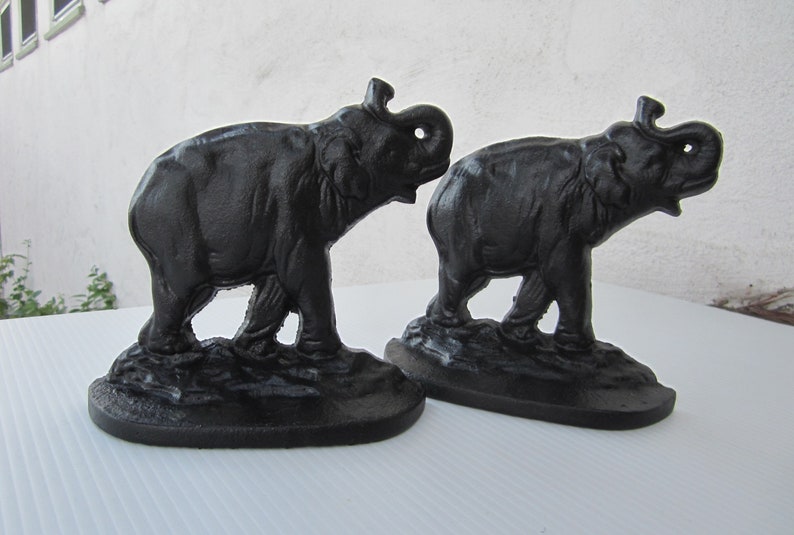 Pair Cast Iron Bookends Connecticut Foundry Elephants with Trunk Up Vintage 1930 Signed Design No. 915 Classic Black Crafted in USA image 1