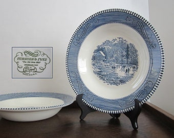 2-Pc Currier & Ives Soup Bowl by Royal China, USA • Vintage 8.5" Rim Blue Transferware Early Winter Ironstone • Forest Snow Scene • OH, USA