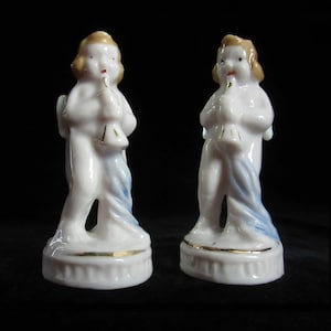 2-Pc Occupied Japan Winged Baby Cherub / Musical Angel Figurines Playing the Horn • Vintage Midcentury 3 1/2&quot; Christmas Accents & Ornaments