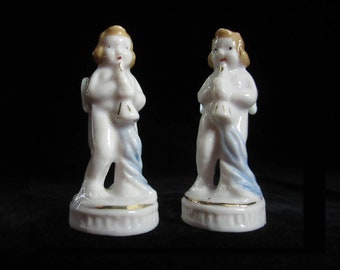 2-Pc Occupied Japan Winged Baby Cherub / Musical Angel Figurines Playing the Horn • Vintage Midcentury 3 1/2" Christmas Accents & Ornaments