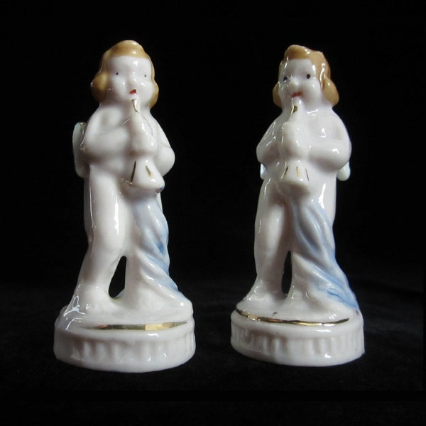 2-Pc Occupied Japan Winged Baby Cherub / Musical Angel Figurines Playing the Horn • Vintage Midcentury 3 1/2" Christmas Accents & Ornaments