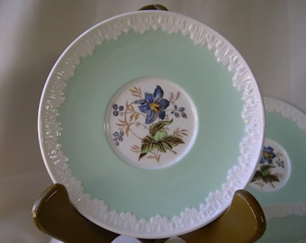 2-Pc Wedgwood Hampton Court Saucer Set, Blue Lily Green & White Rim Vintage Fine China Wide Band Multicolor Pastel Floral Center England