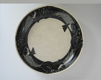 14" Koi Fish Platter by Aurelia Scherf Sea Horse Pottery • Vintage 1982 Signed Studio Art Centerpiece Bowl • Hand Crafted Crackle Glaze • CA
