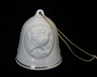 Irish Belleek Christmas Bell Ornament 1990 12 Days of Christmas, Two Turtle Doves Series 1825 Pattern 103 Gold Trim No Shamrocks Ireland