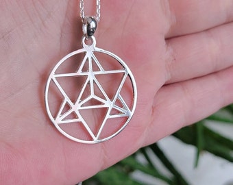 May include: A silver-colored necklace with a geometric design, featuring a circular pendant with an intricate pattern of interconnected lines and shapes. The necklace is displayed against a backdrop of green foliage, highlighting the jewelry's delicate details.