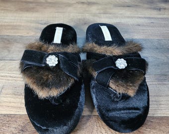 Pantuflas de piel sintética Laura Ashley, lazo de terciopelo negro con diamantes de imitación, talla 5-6