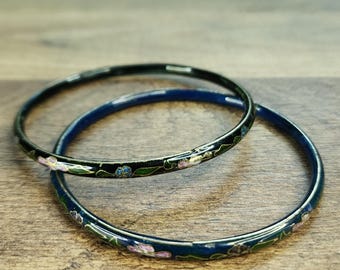 Black Cloisonne' Enamel Bangles, Vintage Thin Stacking Bangle/Bracelets, Set of 2