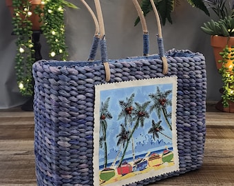 Vintage Braided Straw Tote: Blue Raffia Beach Bag with Beaded Palm Trees