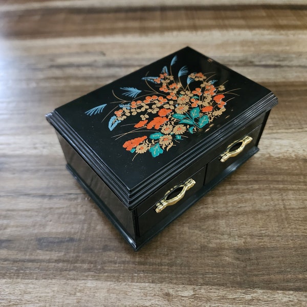 Lacquerware Jewelry Box, MCM Floral Mirrored Jewel Box w/Red Velvet Tray, Black Lacquer Jewelry Case