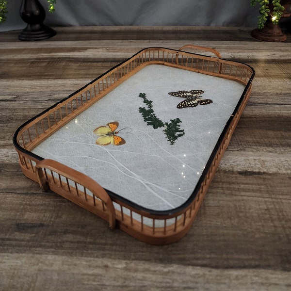 Butterfly Bamboo & Glass Tray, Decorative Vintage Bamboo Tray, Coffee Table Display, Gorgeous Boho Chic Piece for Makeup, Perfume etc.
