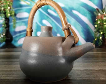 Blue Clay Teapot w/Bamboo Handle, Tan Drip Glaze Handmade Clay Teapot w/Lid, Terracotta Teapot w/Bamboo Handle