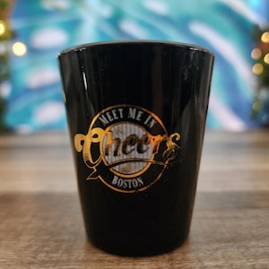 Cheers Shot Glass, &quot;Meet Me At CHEERS Boston&quot; Black w/Gold Shot Glass, Cheers Barware