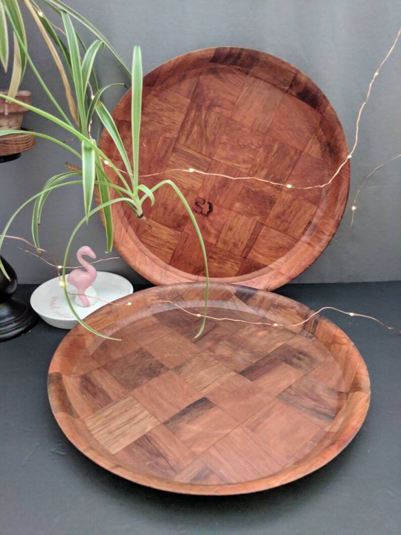 Parquet Resin Trays Round Woven Wood Chargers Mid Century Image 0