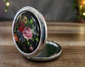 Silver Compact Mirror, Colorful Inlaid Mother of Pearl Roses on Black, Double Sided Mirror Compact, Compact Pocket Mirror