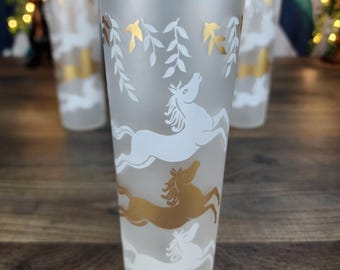 Libbey Cavalcade Horses Frosted Highball Glasses, 1950's Mad Men Mod, White & Gold Horses