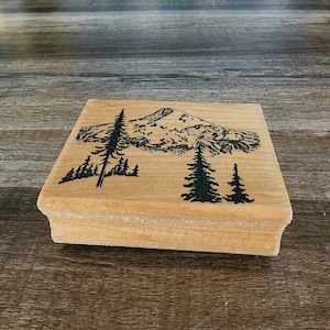 Tampon en caoutchouc pour arts en bois, scène de montagne, Sweet Home Oregon, Alpes de montagne, paysage naturel arbres à feuilles persistantes gaufrage