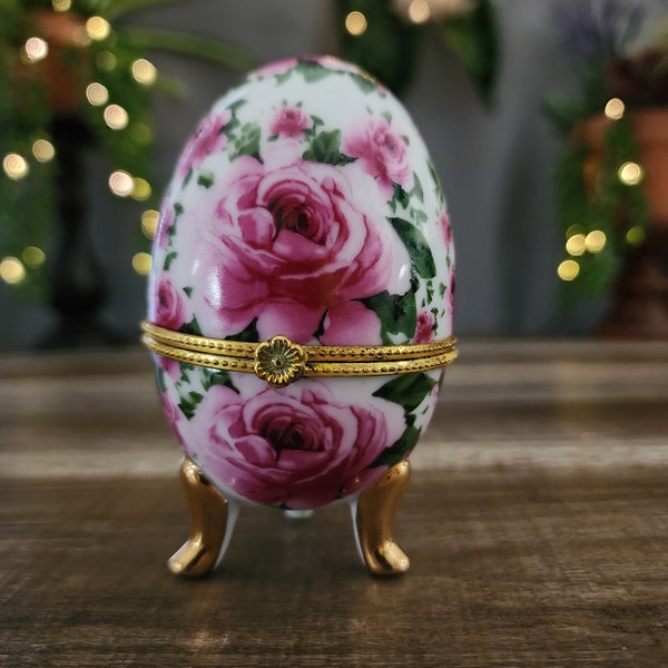 Egg Trinket Box Candle, White, Pink and Gold Hinged Dish w/Candle, Unused Candle, Chintz Egg Shaped Ceramic Trinket Box with Hinged Lid