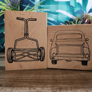 Sello de madera de caucho del Museo de la Modernidad, cortadora de césped manual antigua, sello de madera "Dad's Truck" de PrintWorks, creación de tarjetas para el Día del Padre