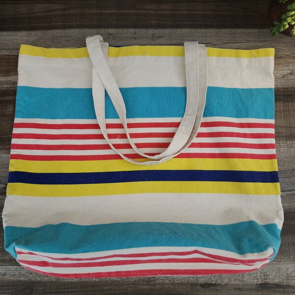 Striped Canvas Beach Bag, by Planetebags France, Colorful Striped French Canvas Beach Tote, Nautical Striped Spring/Summer Tote