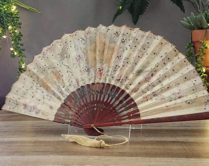 Silk Folding Fan, Silver Painted and Cut Out Fan, Hand Painted Rice