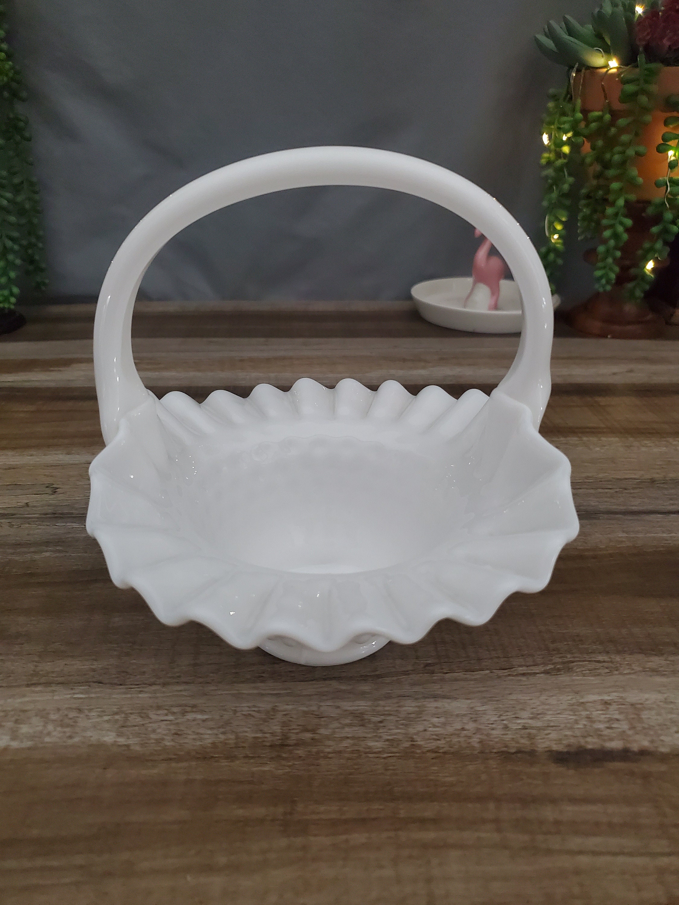 Fenton Milk Glass Hobnail Basket with Handle White Ruffled Etsy