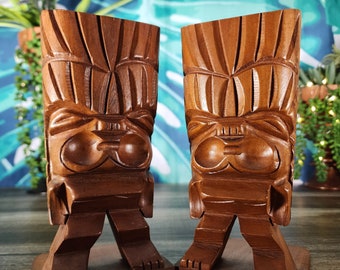 Wood Tiki God Bookends, Koa Tiki Idol Bookends, Vintage Carved Hawaii Library Shelf Bookends, Polynesian Mid-Century Bookends