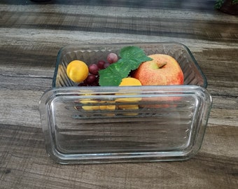Anchor Hocking Vintage Ribbed Glass Loaf Pan Fridgie w/Lid
