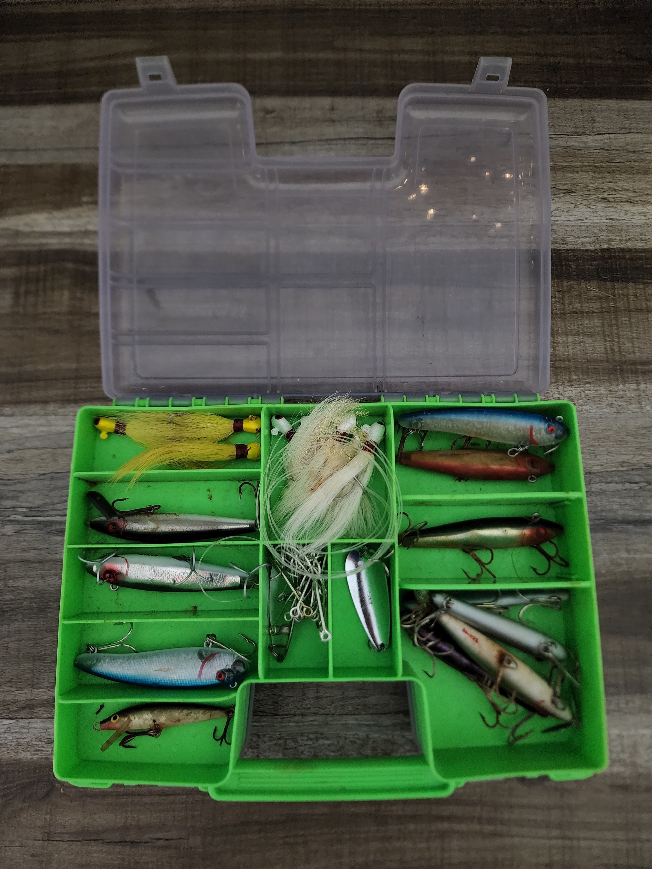 Fishing Tackle Box and Lures, Green HOT LIDS Double Sided Fishing