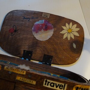 Vintage wooden picnic basket decoupage folk art flip lid fabric lined Caro Nan inspired purse with Kansas City shops from the era image 3