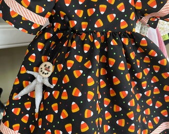 Halloween dress with candy corn print and ghost fits American Girl and other 18 inch dolls