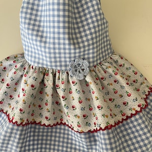 Blue grey gingham dress  with tiered flower ruffle skirt and hand crochet flower fits American Girl doll or other 18 inch doll