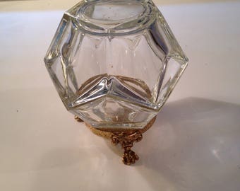 Scalloped clear glass lidded bowl on stand