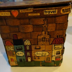 Vintage wooden picnic basket decoupage folk art flip lid fabric lined Caro Nan inspired purse with Kansas City shops from the era image 2